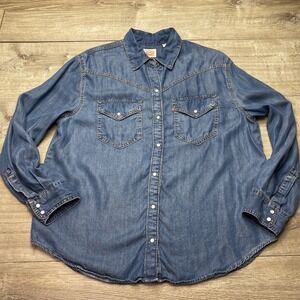 Levi's Shirt Western Denim Pearl Snap Womens Large Blue Cotton Long Sleeve Top